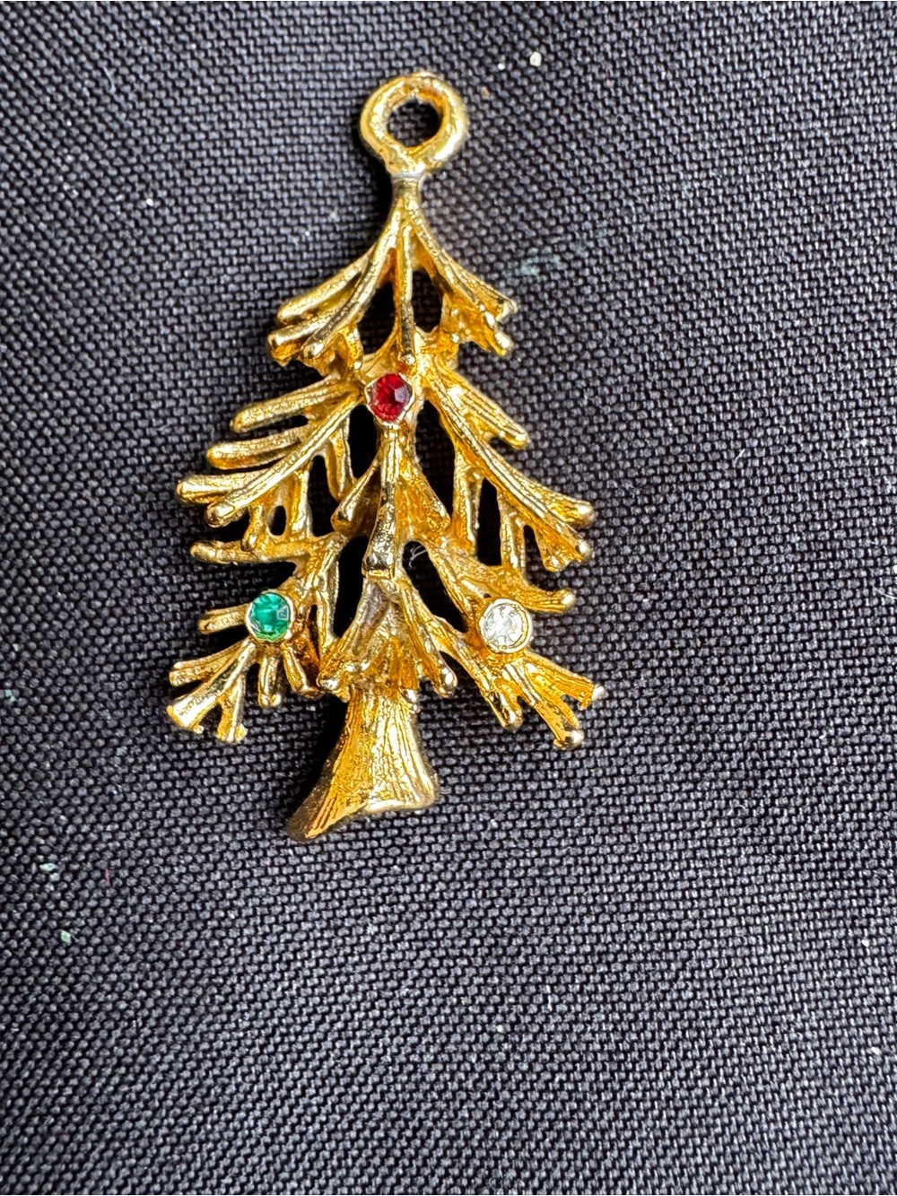Gold Tone Christmas Tree Pendant with Red, Green, and Clear Stones